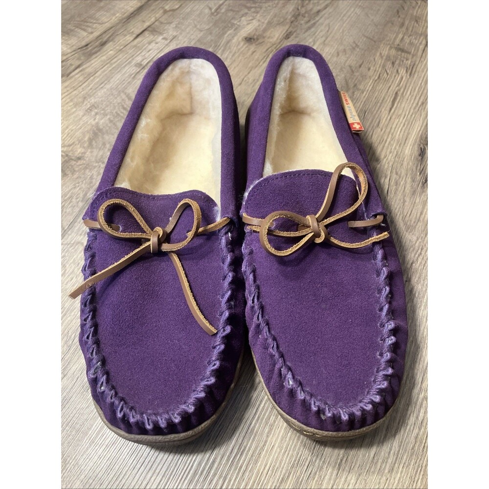 Alpine Swiss Sabine Womens Suede Shearling Moccasin Purple Slippers Sz 9